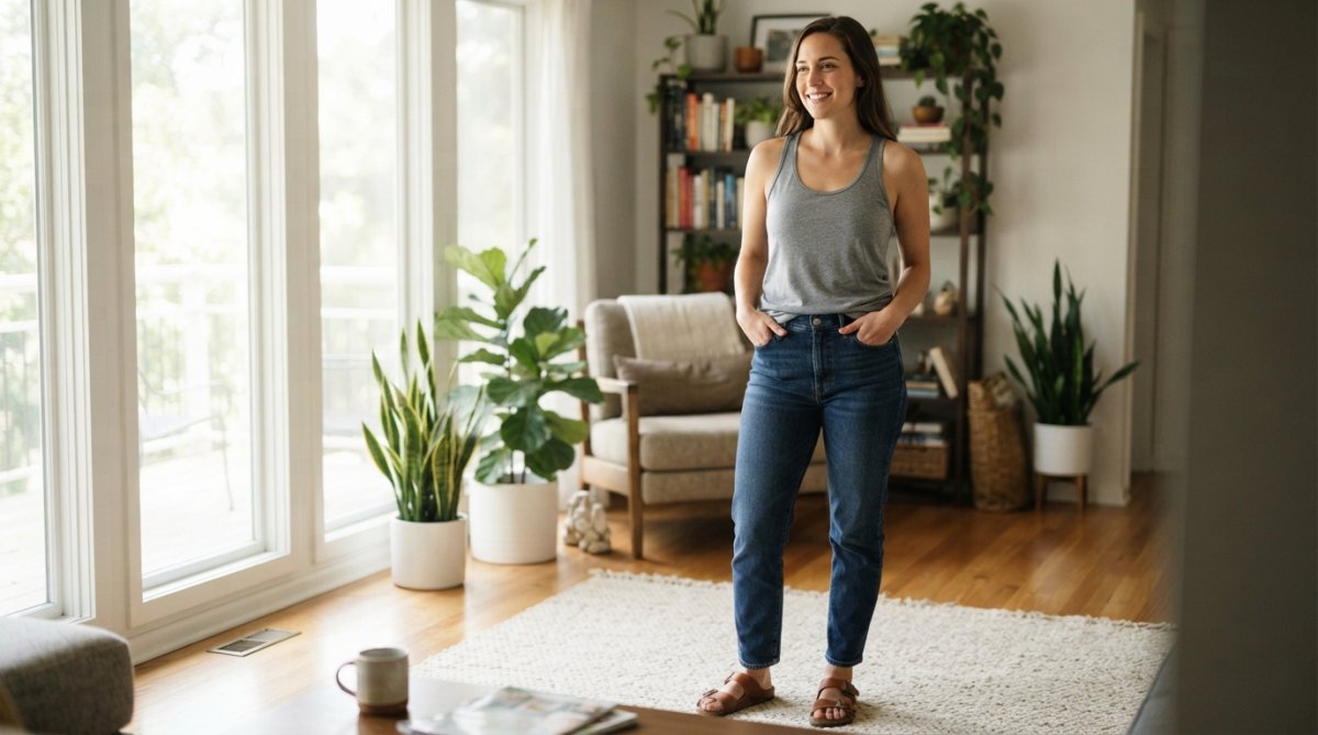 A woman in a bright, modern living space wearing the I Am Enough racerback tank, standing confidently with natural light streaming through large windows, the tank's curved hem visible against high-waisted jeans