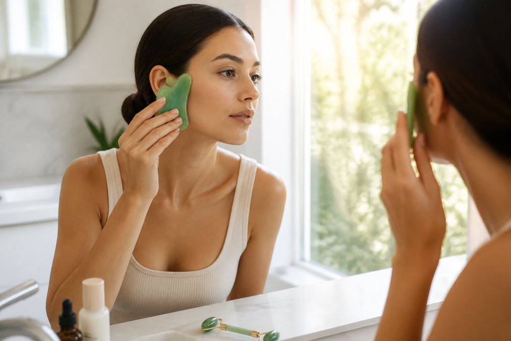 Woman at bathroom sink performing morning skincare ritual with gentle facial massage using gua sha tool, soft natural light streaming through window, minimalist bathroom setup