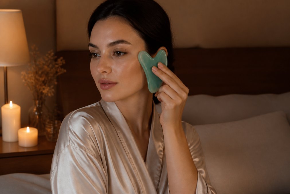 Woman relaxing at home in evening, using gua sha facial massage tool on her face with candlelit or warm ambient lighting, serene peaceful atmosphere in bedroom