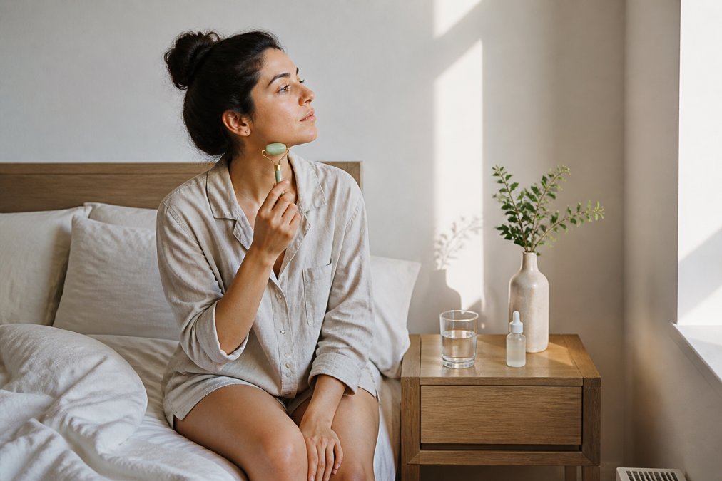 A woman in her thirties sitting on the edge of a bed in soft morning light, holding a jade facial roller, with a glass of water and a small skincare bottle on a wooden bedside table