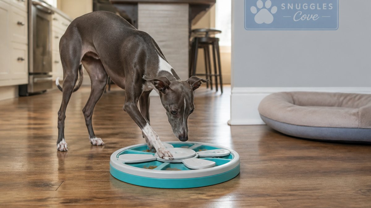 A curious dog interacting with a puzzle feeder toy on a clean kitchen floor, focused and engaged while working to access kibble