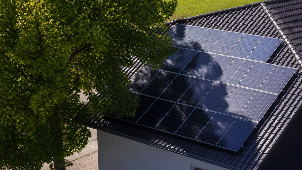 Großer Laubbaum wirft einen deutlichen Schatten auf die Photovoltaikmodule auf einem Hausdach bei Sonnenschein.