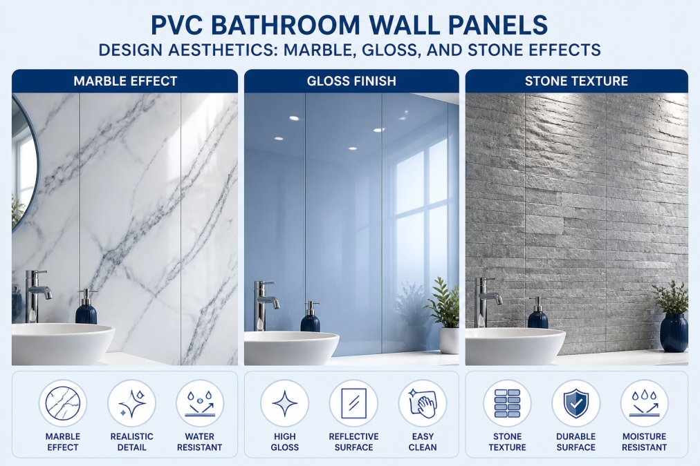 Close-up of various PVC bathroom wall panel finishes displayed side by side, showing marble effect, gloss finish, and stone texture under bright bathroom lighting