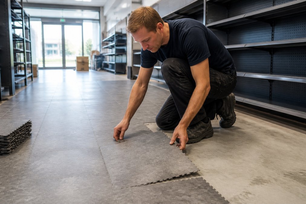 PVC Fliser til Butik: Sammenligning af Gulve 2026 2 En håndværker i arbejdstøj knæler på et betongulv i en butik og klikker en grå PVC-flise på plads med hænderne. I baggrunden ses tomme butikshylder og en åbent indgangsparti med dagslys, der viser at butikken forberedes til åbning