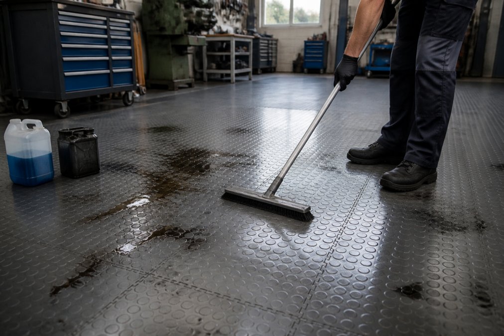 PVC-fliser til værksted der tåler kemikalier: En guide 3 Rent og velvedligeholdt værkstedsgulv af PVC-fliser med industrielt udstyr, værktøjer og maskiner omkring, der viser det praktiske arbejdsmiljø under naturligt lys