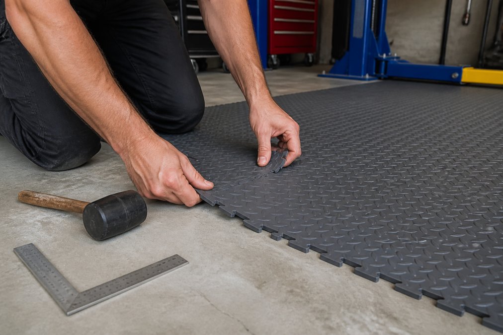 PVC-fliser vs. epoxy til værksted: Sammenligning 2026 2 Tæt billede af arbejderhænder, der forbinder modulære PVC-fliser med kliksystem på gråt betonunderlaget i et industrielt værksted med gummihammer og vinkelmåler på siden