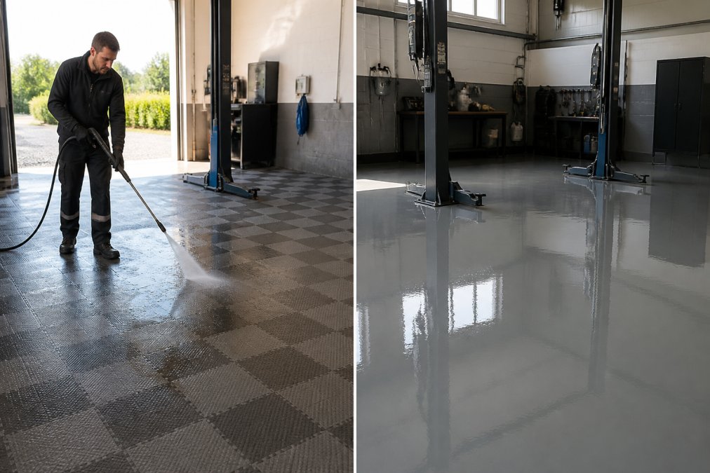 PVC-fliser vs. epoxy til værksted: Sammenligning 2026 3 Rent og velvedligeholdt værkstedsgulv med PVC-fliser, hvor en arbejder i arbejdstøj bruger højtryksrenser på gulvet på en solrig dag