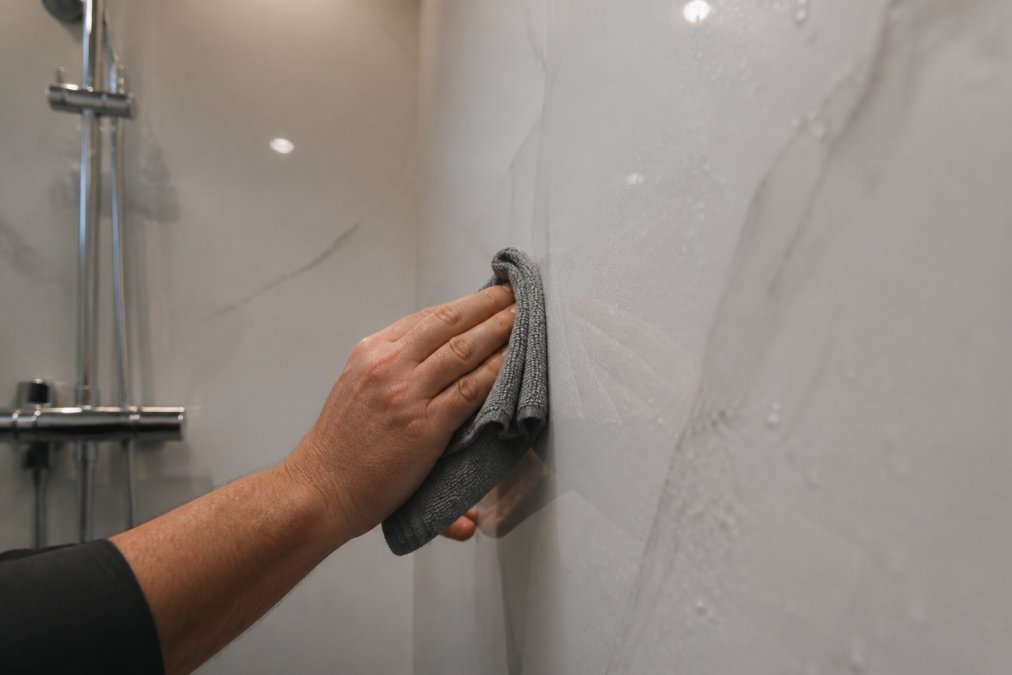 Infographic demonstrating the scratch and moisture resistance of high-gloss shower panels through a cleaning process.