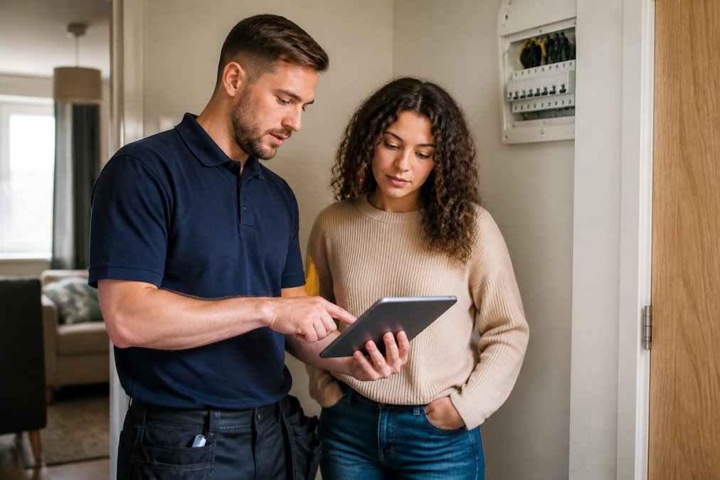 A landlord and an electrician reviewing an EICR certificate on a tablet inside a rented flat, with a consumer unit visible on the wall behind them