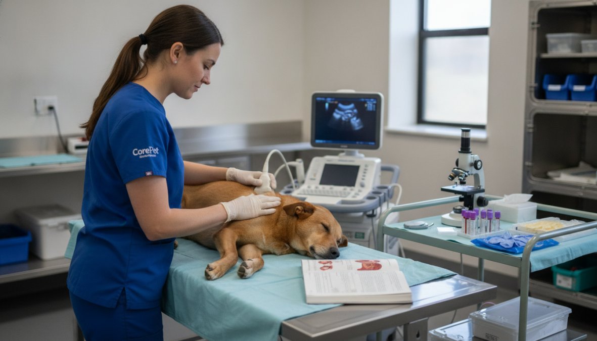 Professional illustration showing Veterinarian for pyometra