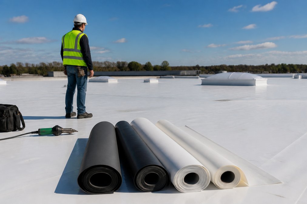 Contractor inspecting a white TPO roof as a durable pyramid roofing alternative for warehouses