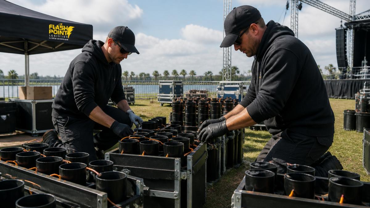 Professional pyrotechnic crew inspecting and setting up display equipment at an outdoor event venue, with mortar racks and launch equipment visible in preparation, natural daylight lighting