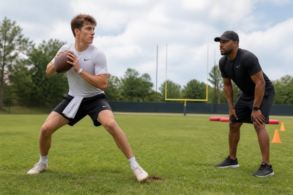 Young quarterback pushing off his back foot to practice drop back footwork on a football field with a coach