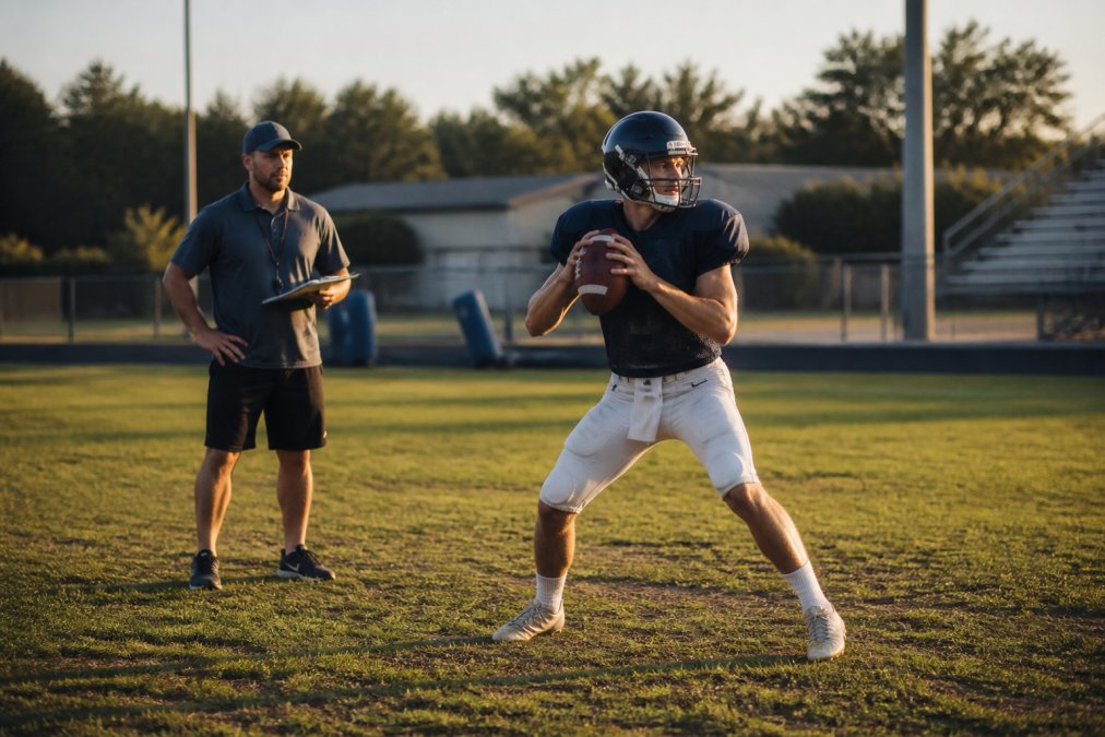 High school quarterback practicing three-step drop footwork to improve qb mechanics while a coach observes on the field.