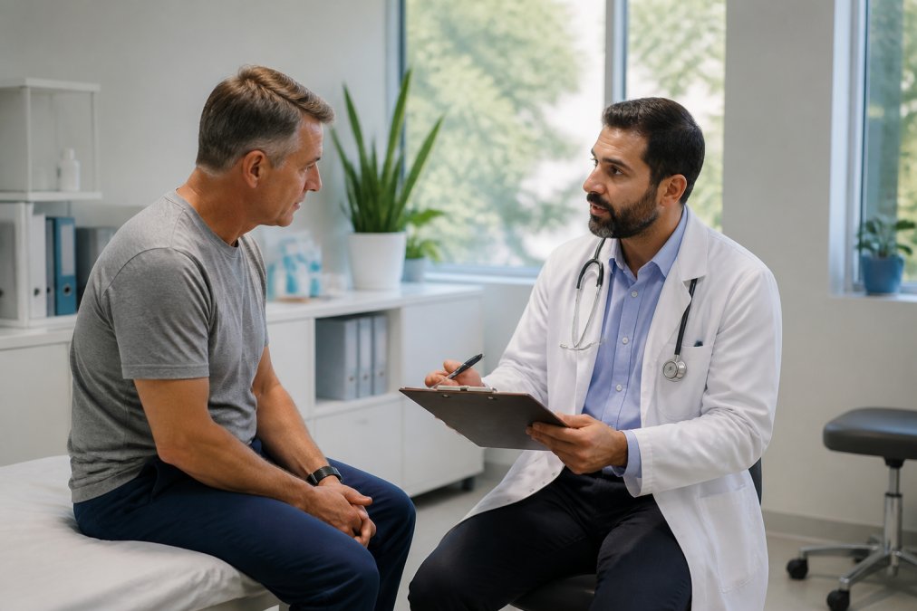 A middle-aged patient sitting in a consultation room with a doctor, reviewing a treatment plan on a clipboard, both engaged in conversation in a bright, modern clinic