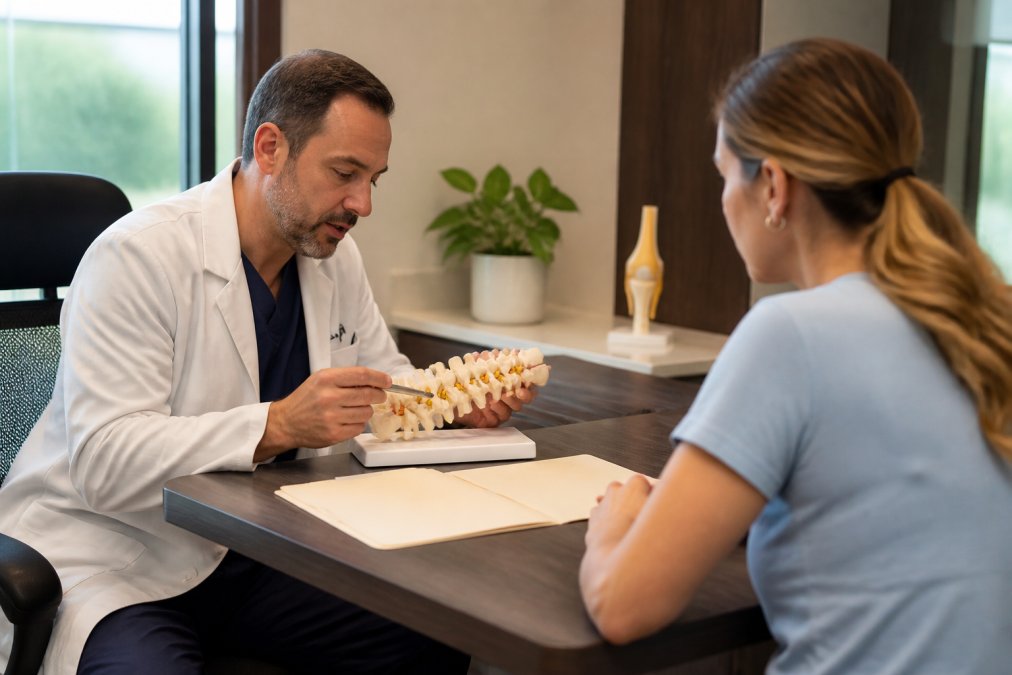 Patient sitting across from healthcare provider in modern consultation room, reviewing medical charts and treatment options with professional, engaged discussion