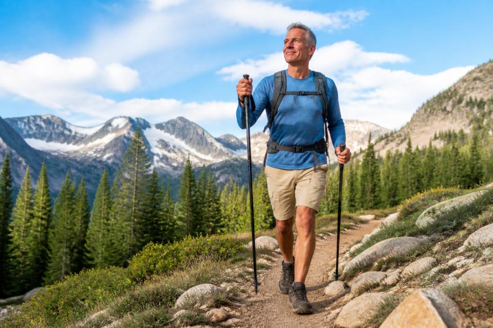 Active adult performing outdoor activity like golfing or hiking with confident posture, demonstrating restored mobility and pain-free movement in natural daylight