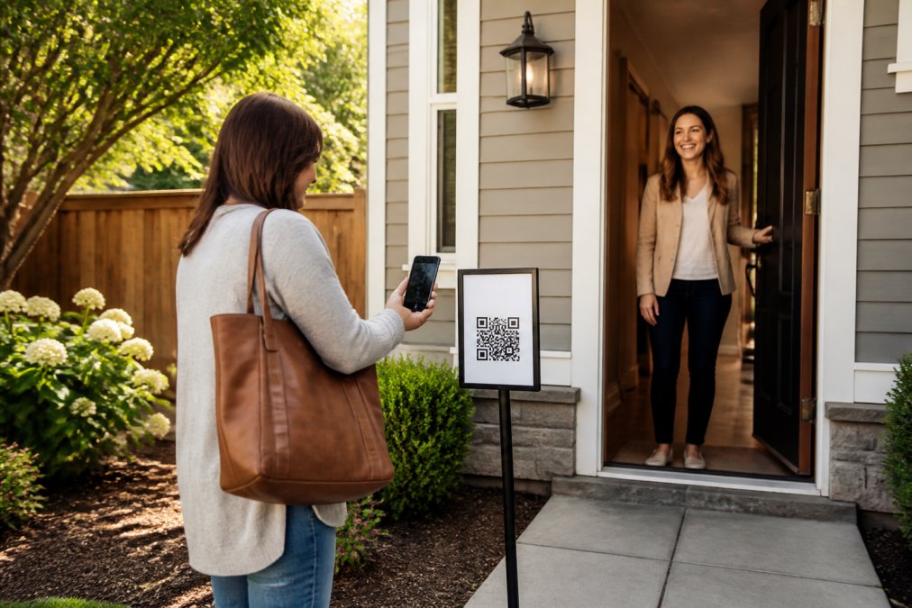 A homebuyer standing on the front porch of a listed home, holding a smartphone up to a small QR code sign on a pedestal, while a real estate agent greets them from the open doorway with a clipboard-free smile