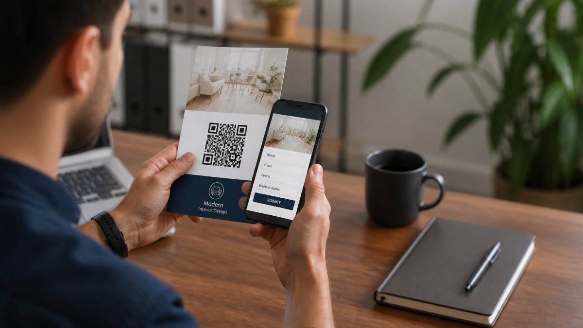 Small business owner scanning a branded QR code on printed marketing material with a smartphone, with a lead capture form appearing on the mobile screen in a modern office setting
