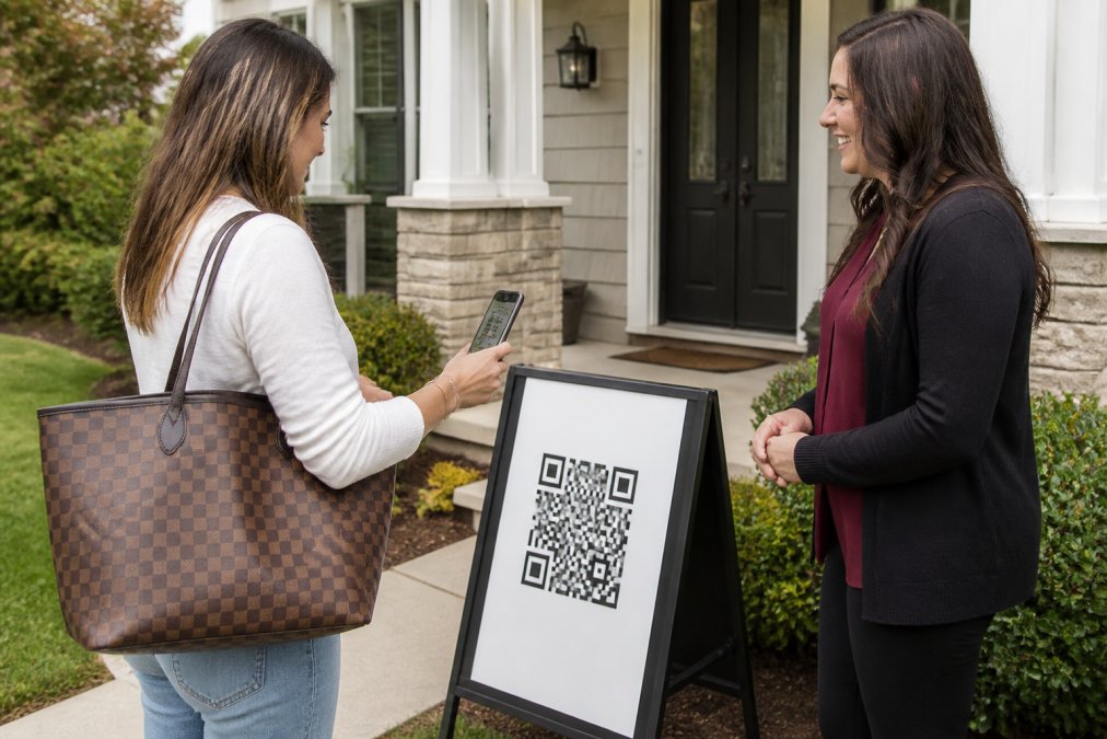 Real estate agent standing outside a property with an a-frame QR code sign while a visitor scans the code with their smartphone in natural daylight