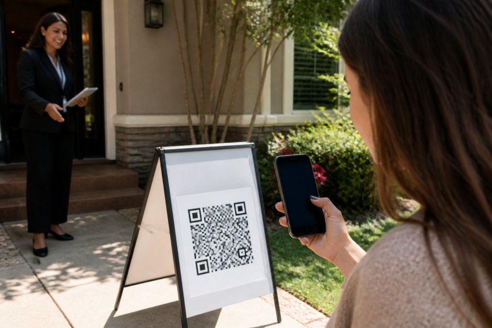 Real estate agent posting a branded QR code sign on an a-frame stand outside a home entrance, with a visitor's hand holding a smartphone scanning the code in afternoon sunlight