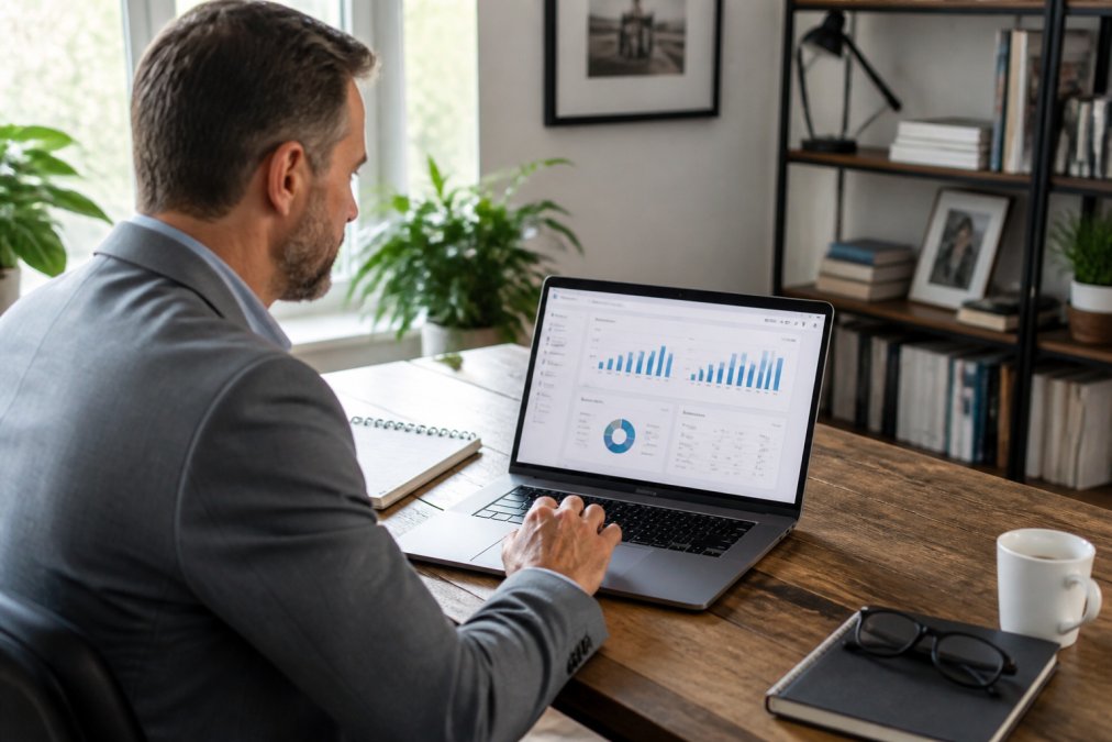 Real estate agent reviewing open house data on a laptop screen showing visitor count, buying timeline breakdown, and engagement metrics in a home office setting with natural light