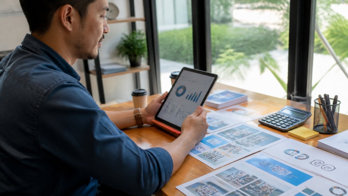 Business owner reviewing QR code scan analytics on tablet while planning marketing campaign at modern office desk with natural window lighting
