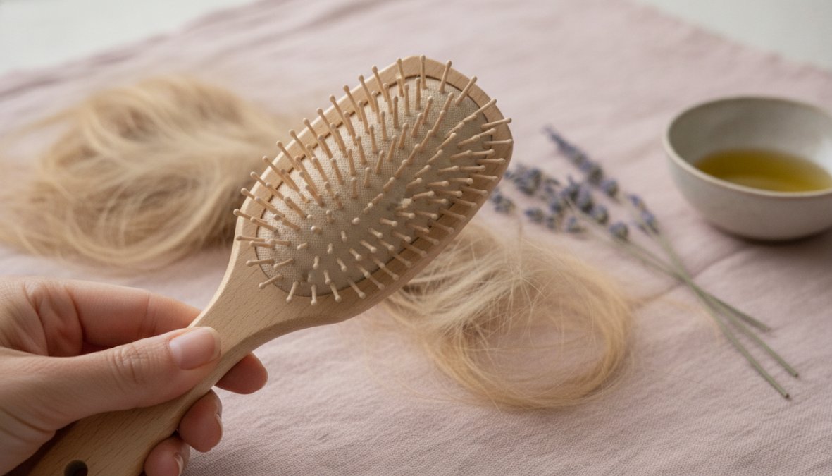 Mano che tiene una spazzola districante con denti larghi mentre scorre delicatamente attraverso capelli lunghi, mostrando la tecnica corretta di districamento
