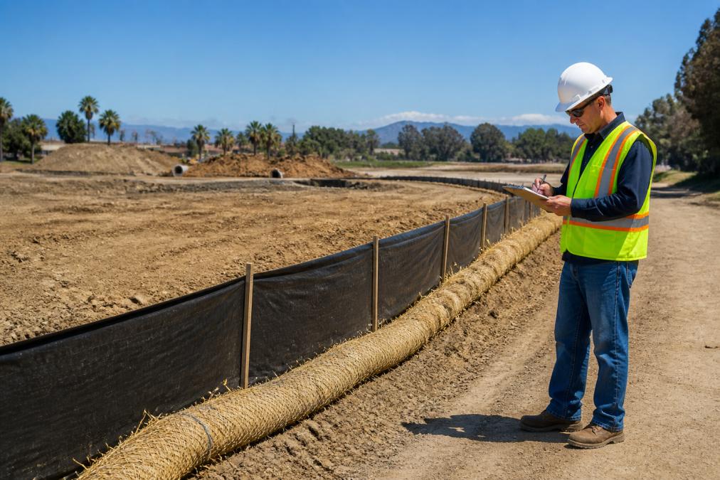 A construction site with silt fences and straw wattles installed along the perimeter, while a consultant in a hard hat and safety vest reviews paperwork on a clipboard under bright California sun
