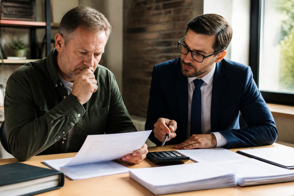 Business owner at desk reviewing financial documents and loan paperwork with professional advisor, calculator and papers visible on wooden desk with natural window lighting