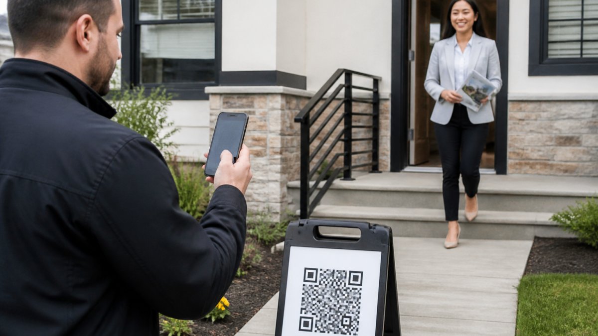Real estate agent holding smartphone at open house entrance with QR code sign visible on a-frame stand outside the property door, natural daylight