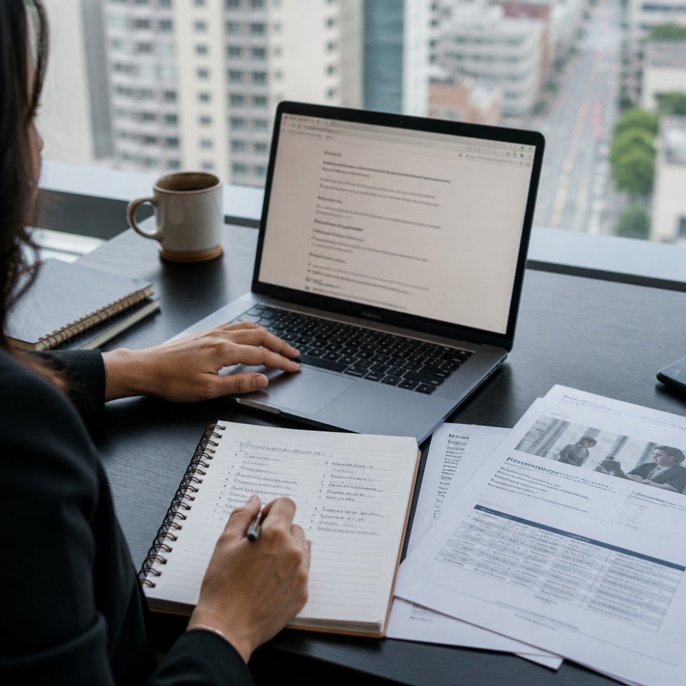 Sales professional seated at desk reviewing prospect information on computer screen, taking detailed notes on lead qualification criteria, with multiple open documents visible