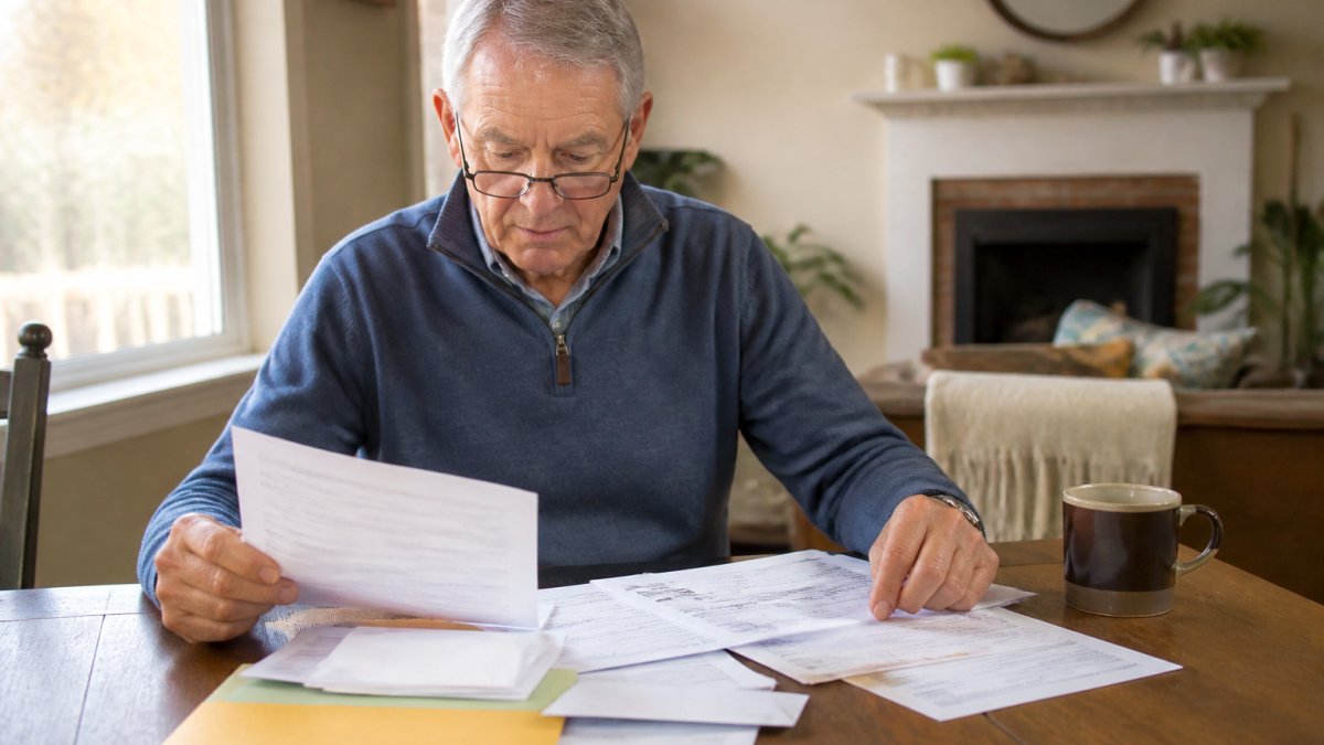 Senior reviewing bank statements and financial documents while qualifying for Medicare Extra Help