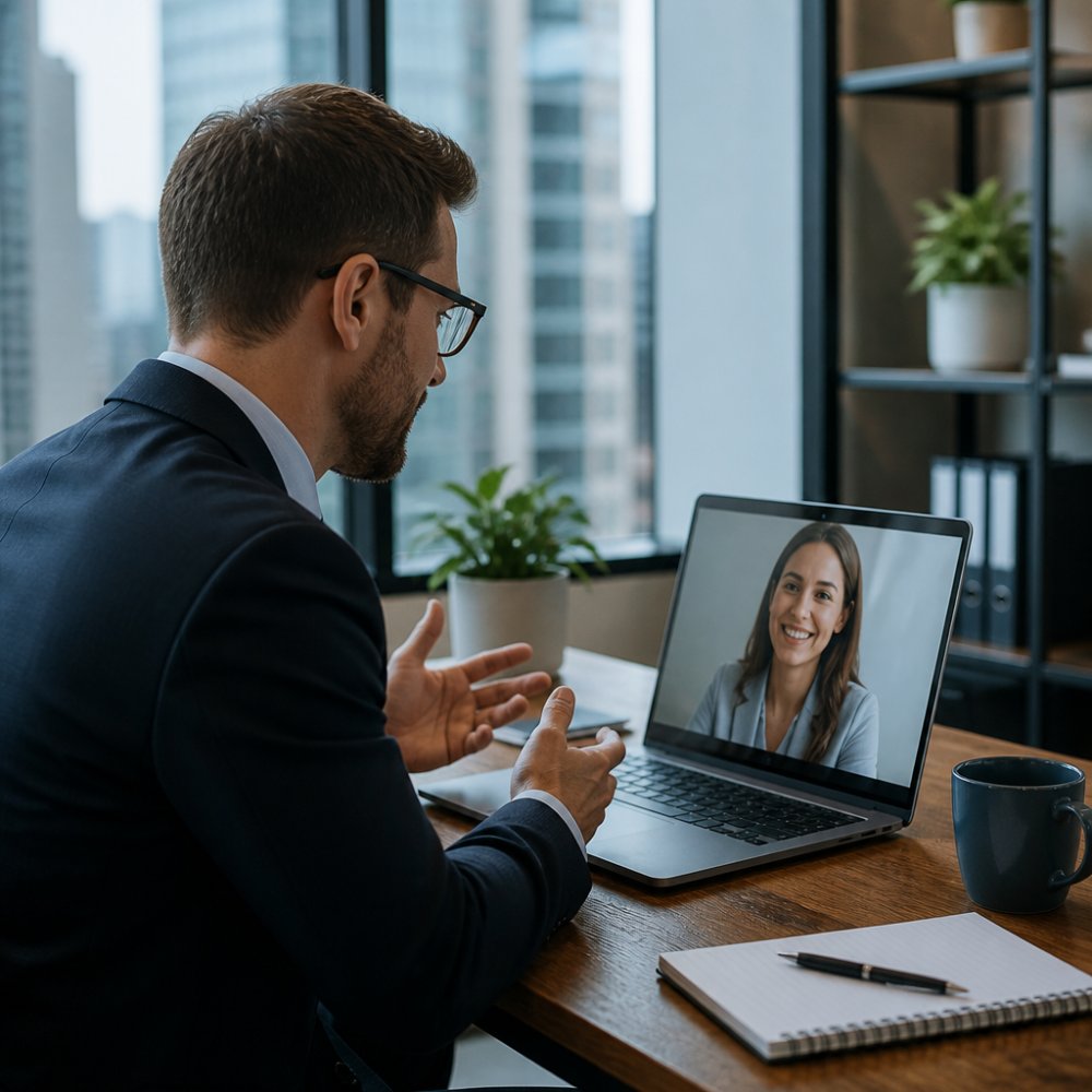 Sales representative engaging with a prospect through a laptop screen showing real-time chat conversation, with focused attention and professional office environment with natural daylight