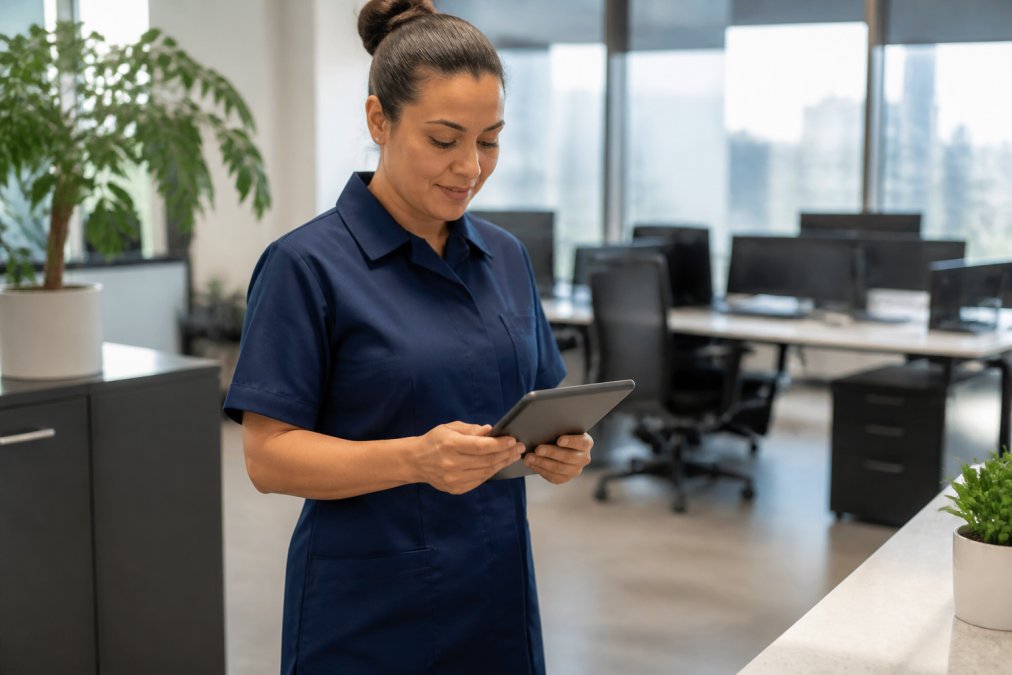 Une professionnelle de l'entretien ménager en uniforme, tablette à la main, vérifiant une liste de contrôle dans un bureau propre et lumineux
