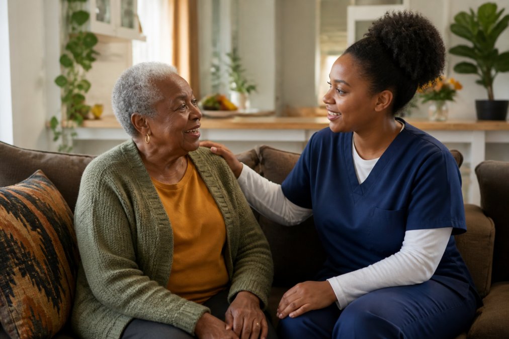 Professional caregiver sitting beside an elderly patient in a bright, comfortable home setting, engaged in warm conversation with attentive expression while patient smiles