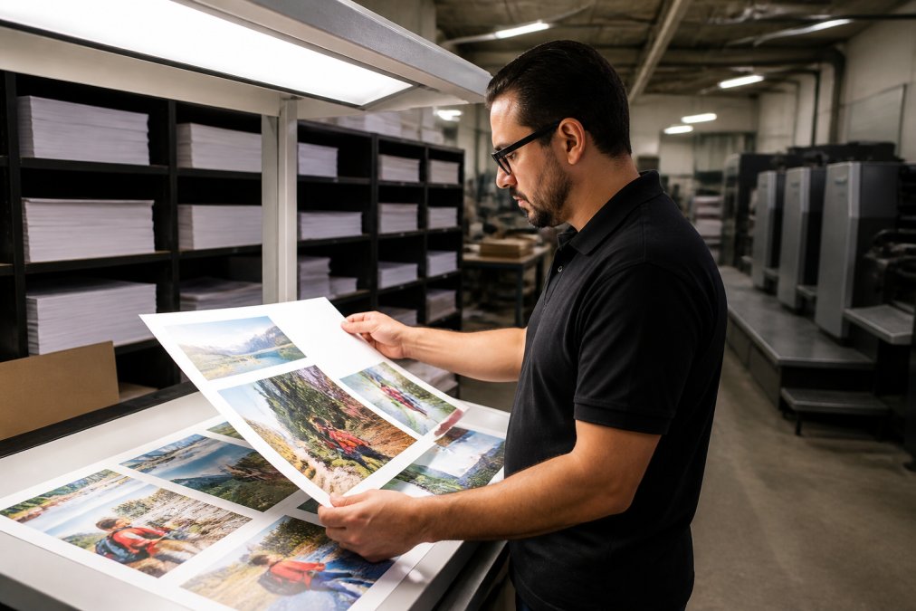 A print shop quality inspector in a commercial printing facility holding a press sheet under a D50 viewing booth, comparing it against a proof, with shelves of paper stock and a printing press visible in the background
