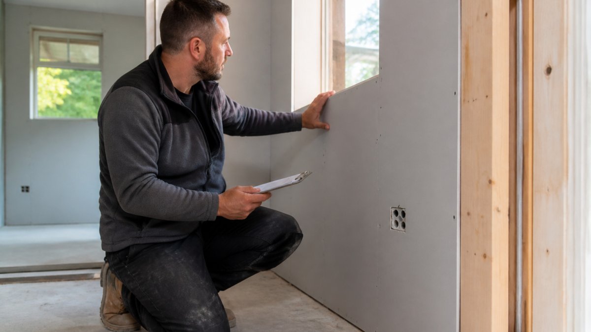 Professional builder conducting hands-on inspection of interior construction work, checking wall finishes and structural elements with clipboard and measuring tools in natural daylight