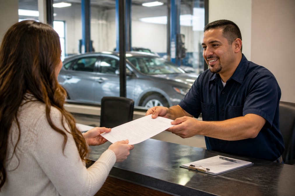 A service advisor handing a printed warranty document to a customer across a clean front desk at an auto body shop, with a vehicle visible through the window behind them, warm afternoon light
