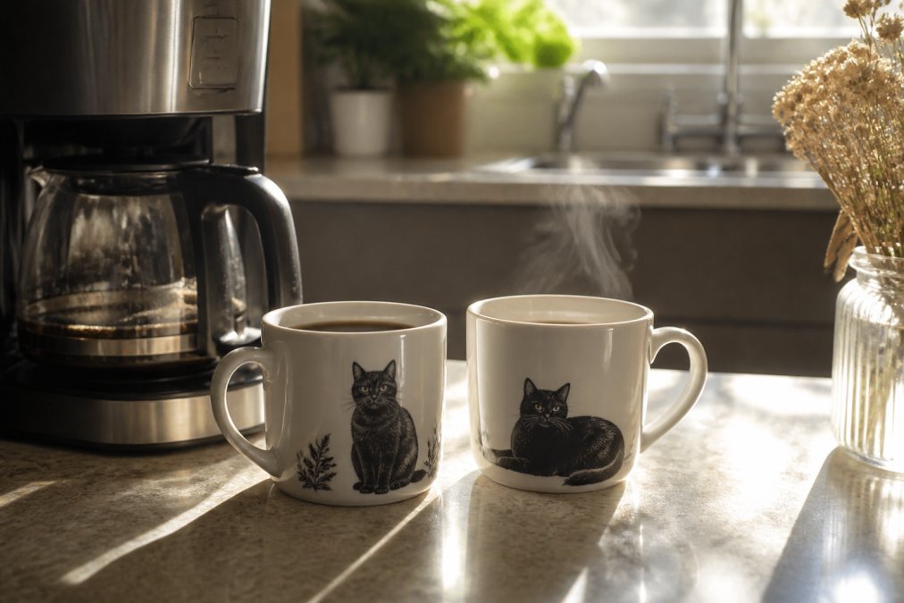 Two ceramic mugs with black cat designs sitting on a kitchen counter beside a coffee maker, steam rising from one mug, morning sunlight streaming through a window illuminating the cat illustrations