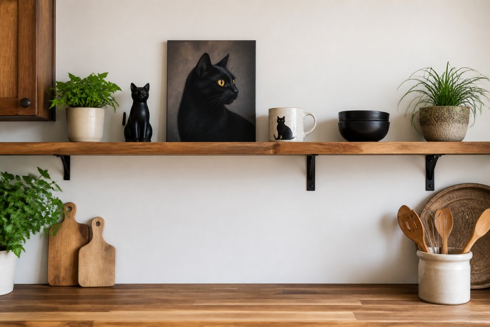 A well-organized kitchen shelf displaying black cat canvas art, a ceramic mug, and decorative items arranged with intentional spacing and balance, showing a curated aesthetic with plenty of negative space between pieces