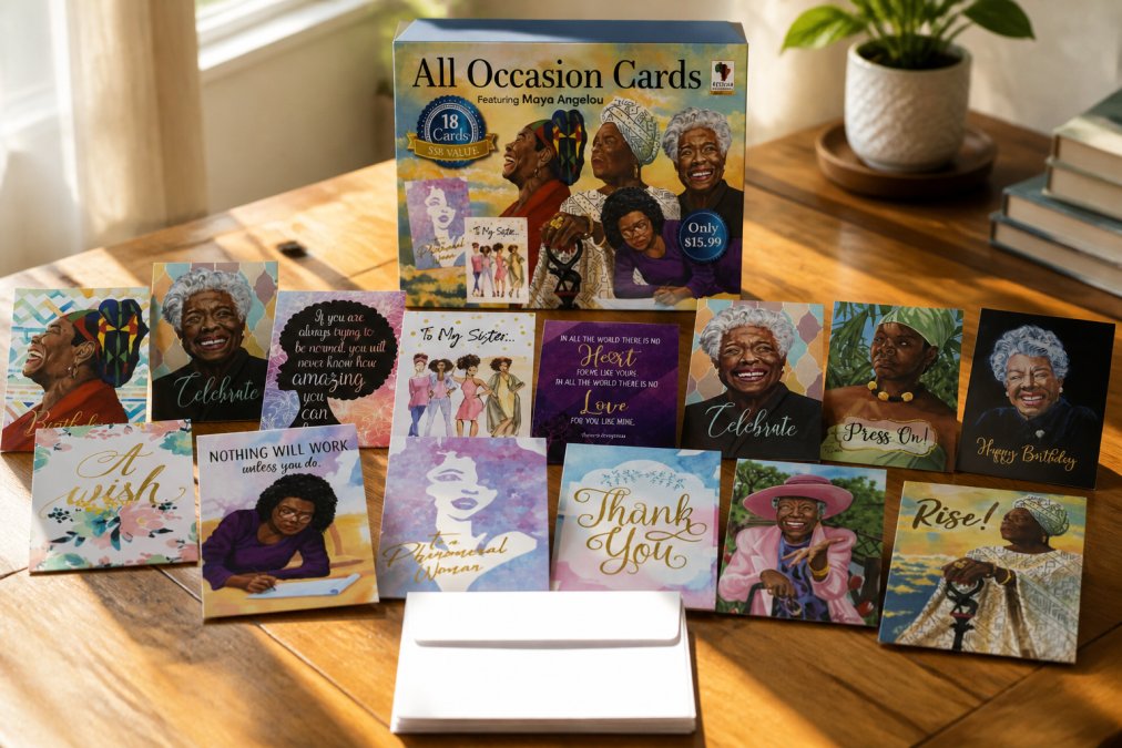 Spread of premium greeting cards with vibrant Black women artwork and cultural designs, displayed with white envelopes on a wooden desk surface, natural afternoon light highlighting card details