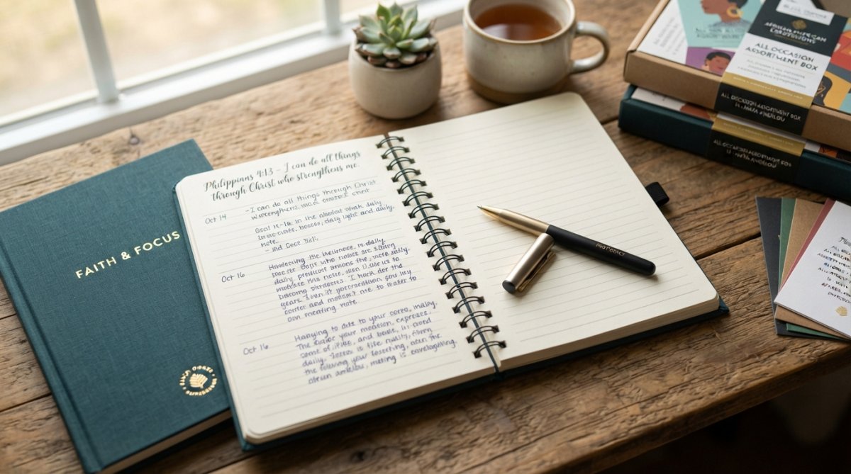 Open hardcover journal with scripture verse at top of lined pages, quality pen resting on an open page, showing premium paper texture and wire binding detail, warm natural lighting