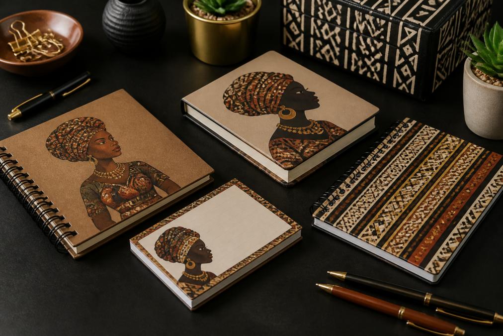 A flat-lay of culturally inspired stationery items including journals, notepads, and pens with Afrocentric design elements arranged on a dark surface, with warm overhead lighting highlighting the textures and colors
