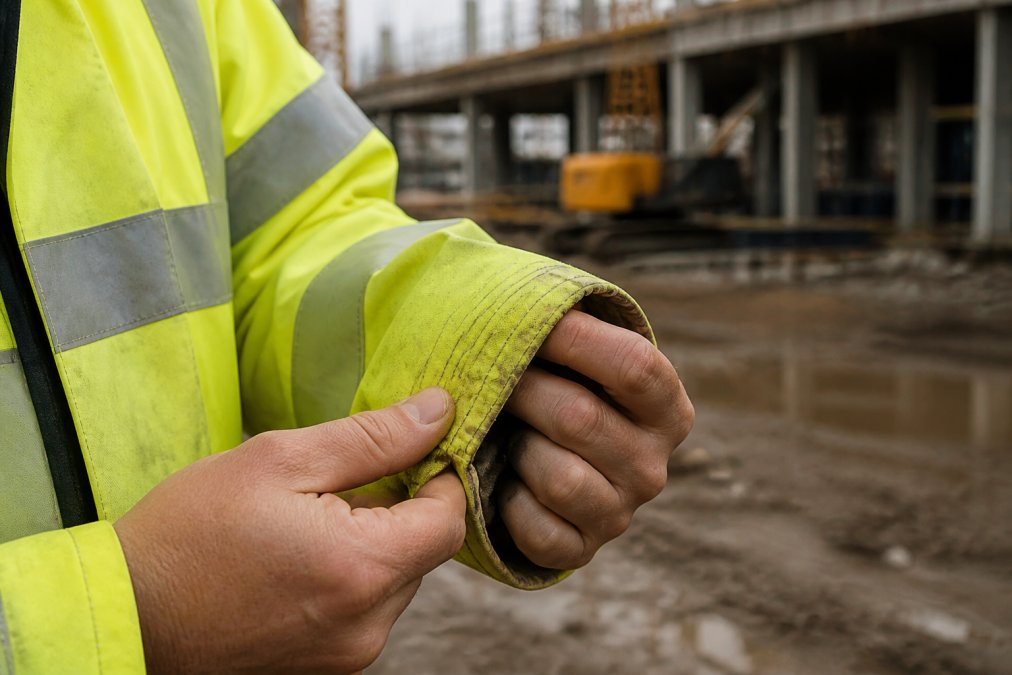 Construction worker inspecting reinforced stitching on durable branded workwear at a busy building site.