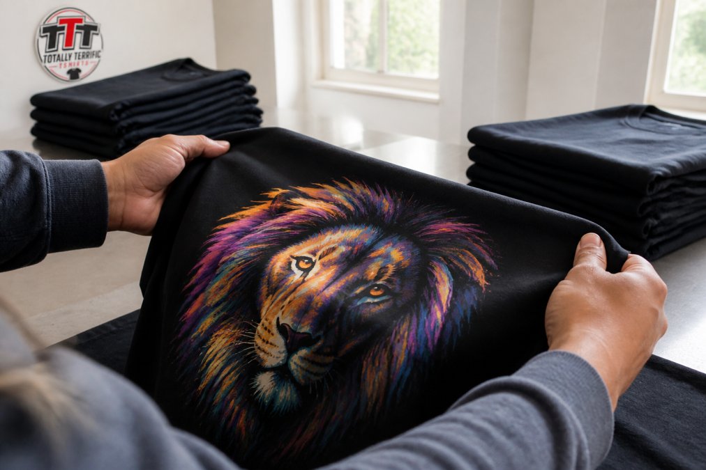 Hands gently stretching a custom printed apparel t-shirt to inspect the ink adhesion and print quality.