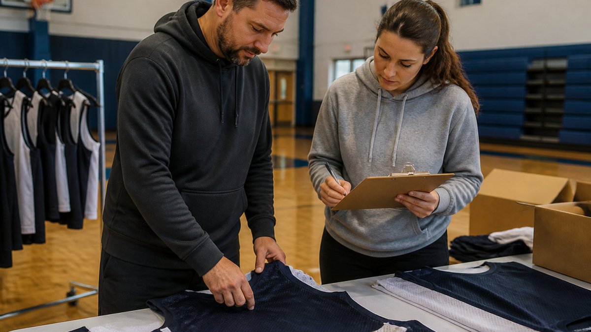 A coach and team manager in a gym laying out custom jerseys on a table, checking seams and holding a clipboard checklist