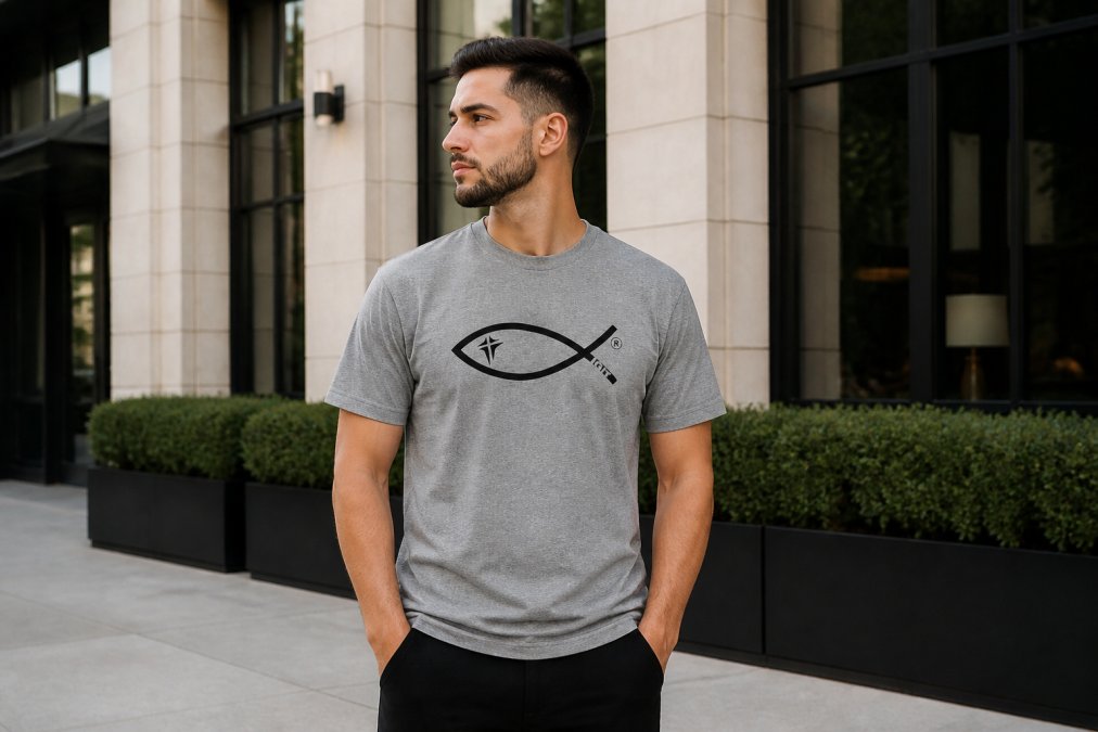 Young man wearing a minimalist Christian graphic tee in urban casual setting, standing confidently with natural daylight highlighting the fabric texture and design clarity
