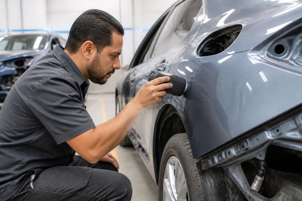 A technician in a clean modern auto body shop performing a digital paint color match on a vehicle panel using a handheld spectrophotometer, bright overhead lighting