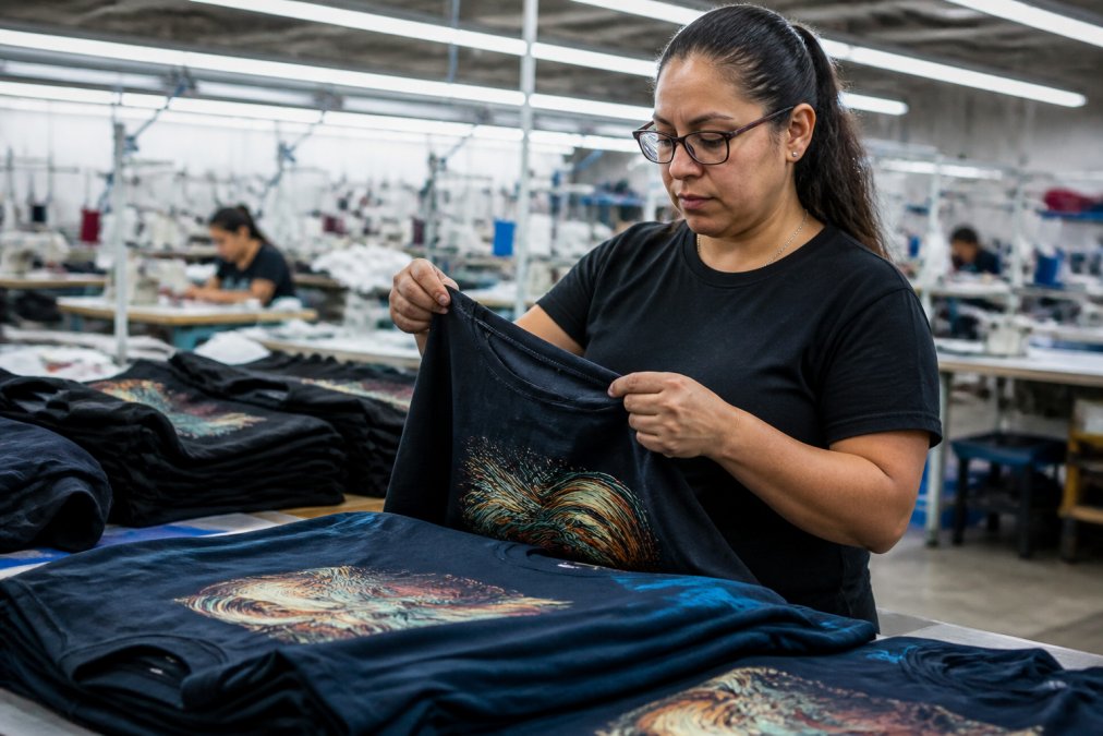 Inspector checking color and stitching during quality control for custom apparel in a busy factory
